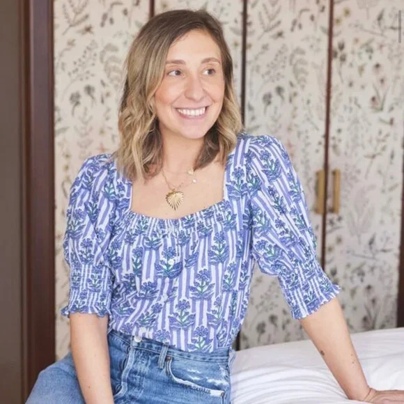 Ophelia & Indigo Mary Top XS Blue Stripe Floral Smocked Puff Sleeve - Picture 2 of 8